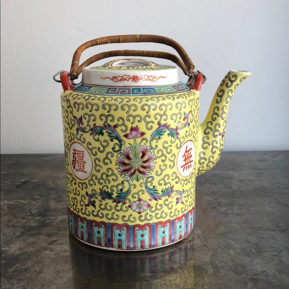 Vintage Floral Porcelain Teapot with Bamboo Handle